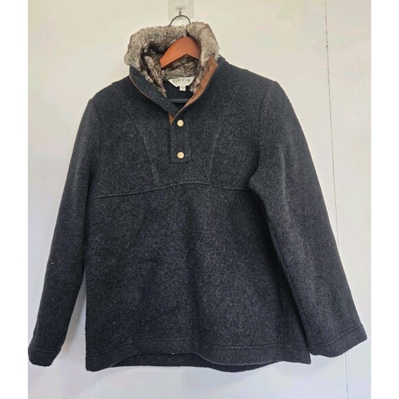 Orvis Jackets & Blazers - Orvis Sweater Womens Size M Snap Pullover Faux Fur Collar Grey Jacket Outdoor